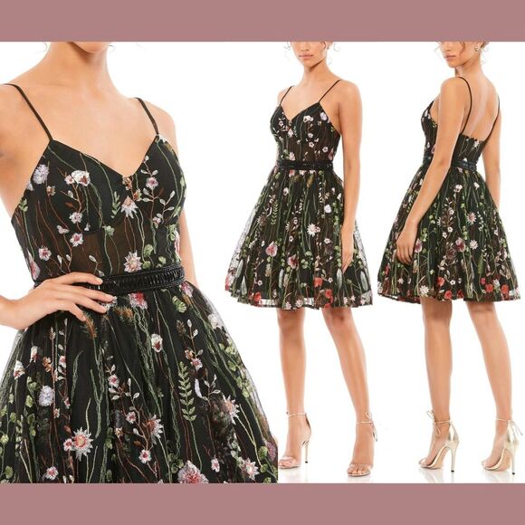 NWT Mac Duggal [ 0 ] Floral Embroidered Bustier A‎ Line Dress in Black #G1861